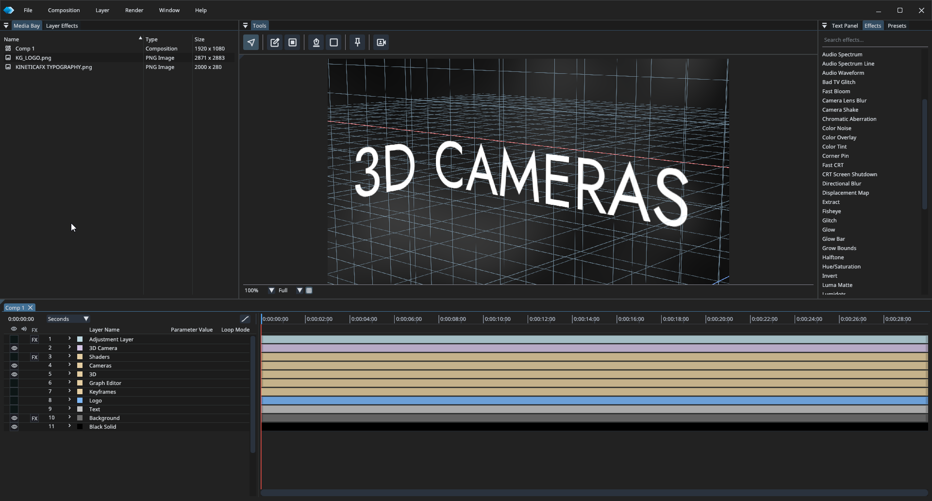 KineticaFX 3D camera view with perspective grid and layered artwork