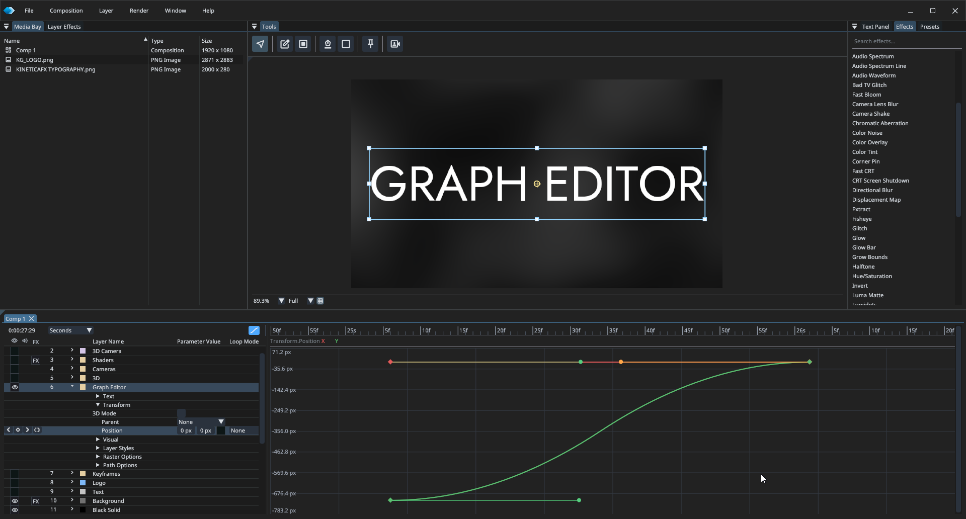 KineticaFX graph editor with an animated easing curve