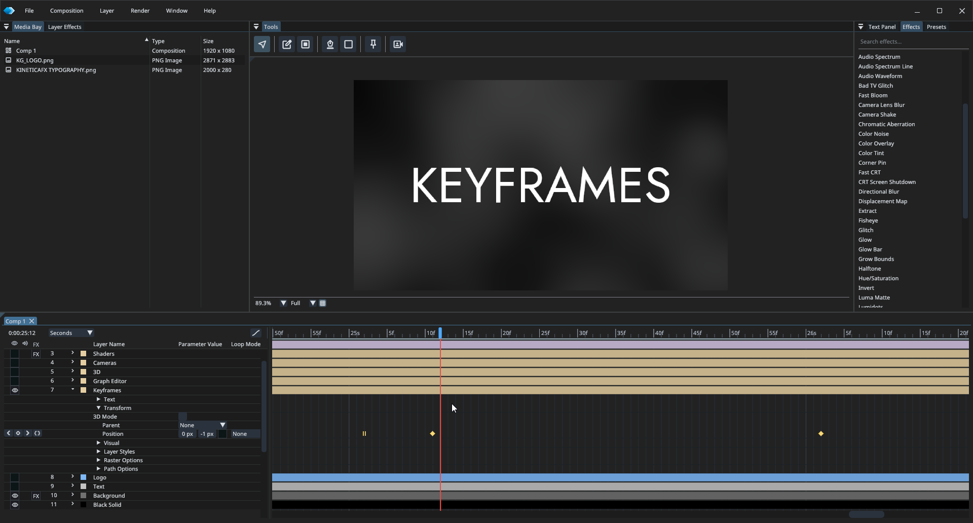 KineticaFX keyframe controls and timeline