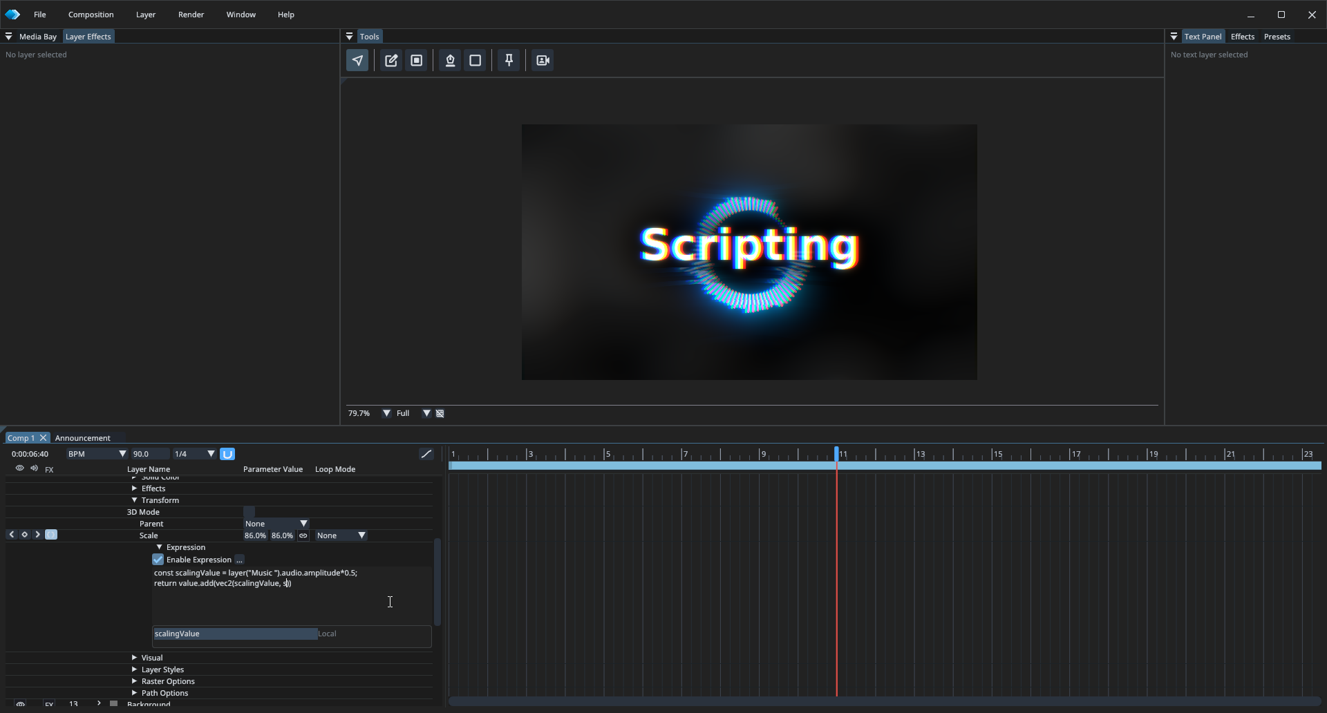 KineticaFX expression editor controlling an animated composition