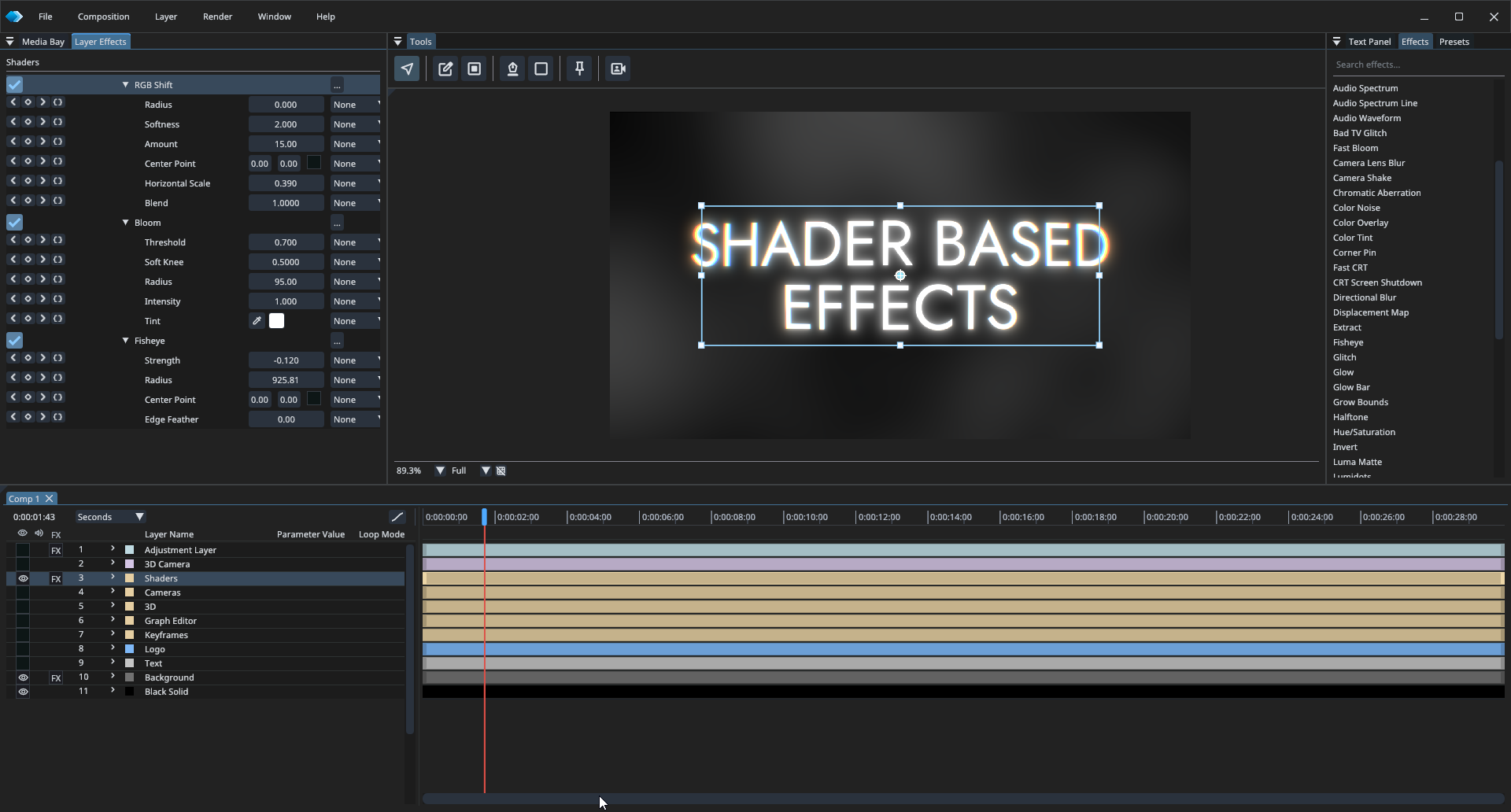 KineticaFX showing a layered shader effect stack and colorful preview